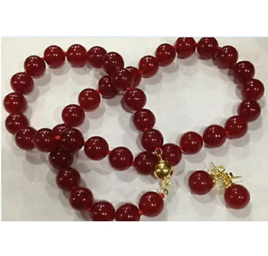 

Jewelry 8mm Red jade Round Beads Necklace Earrings sets watch wholesale Quartz stone CZ crystal