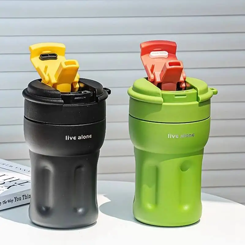 كوب قهوة/زجاجة مياه من الفولاذ المقاوم للصدأ 316 مع كوب، مقبض محمول، قش مزدوج، زجاجة مياه معزولة بسيطة