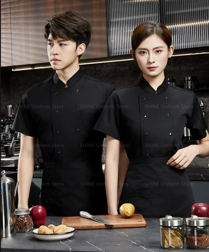 Veste de Chef d'hôtel, manteau de cuisine, tablier, uniforme de Chef à manches courtes pour hommes, manteau de Chef d'été noir avec Logo, vêtements de Restaurant