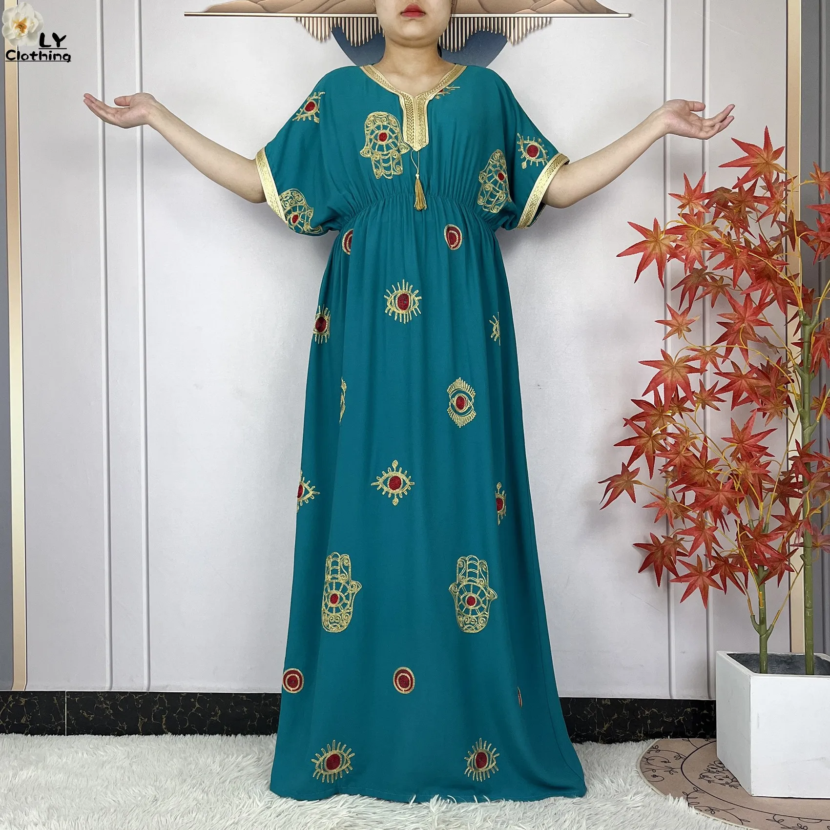 فستان نسائي أنيق عالي الجودة لعام 2025 مطرز بالقطن دبي موضة بوبو ماكسي إسلام ملابس نسائية بأكمام قصيرة عباية إسلامية #5