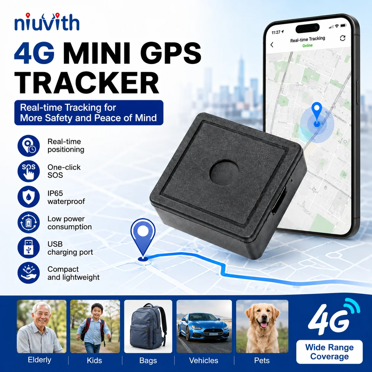 Niuvith 4G Mini GPS Tracker Real-Time Locator SOS Alarm for Kids Elderly Pets Vehicles Free APP SIM Card Included