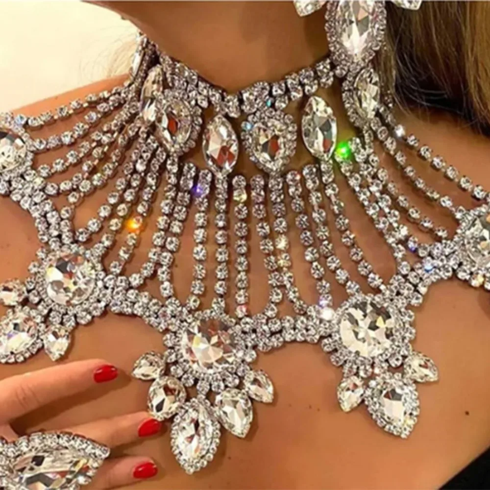 Exaggerated Crystal Large Necklace Earring Sets Women Luxury Shiny Bridal Wedding Party Rhinestone Jewelry Necklace Accessories