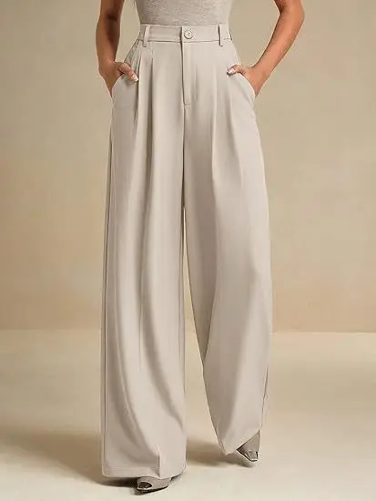 Summer Women Pants High Waist Wide Leg Trousers Beige Pleated Front Wide Leg Pants Black Office Women's Full Length Pants