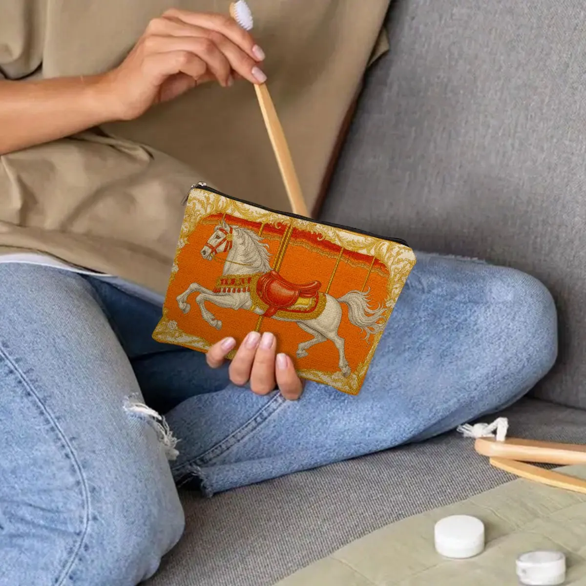 ゴージャスな木製馬の化粧バッグ - 女性用のかわいい多機能ジッパーポーチ、ジュエリー収納バッグ