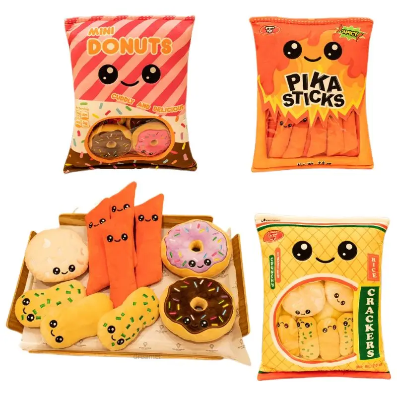 50x40cm Creative Snack Bag Stuffed Small 8/10 Pieces Donuts Spicy Strips Breakfast Zipper Food Pillow Plushie Peluche Kids Nap