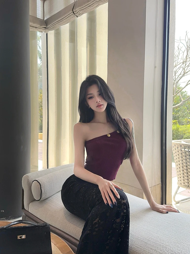 

Xia Yuan Original Beautiful Impudent Slant oulder Gold Bule Knitted Top Women's 2025 Summer New Slim Fit oulder Exposure