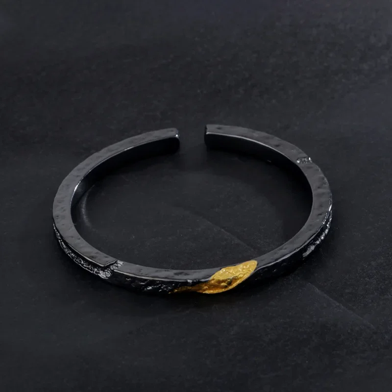 Flowing Fire Open Cuff Bracelet Minimalist Black Stainless Steel Mens Jewelry with Gold Accents Adjustable Wristband