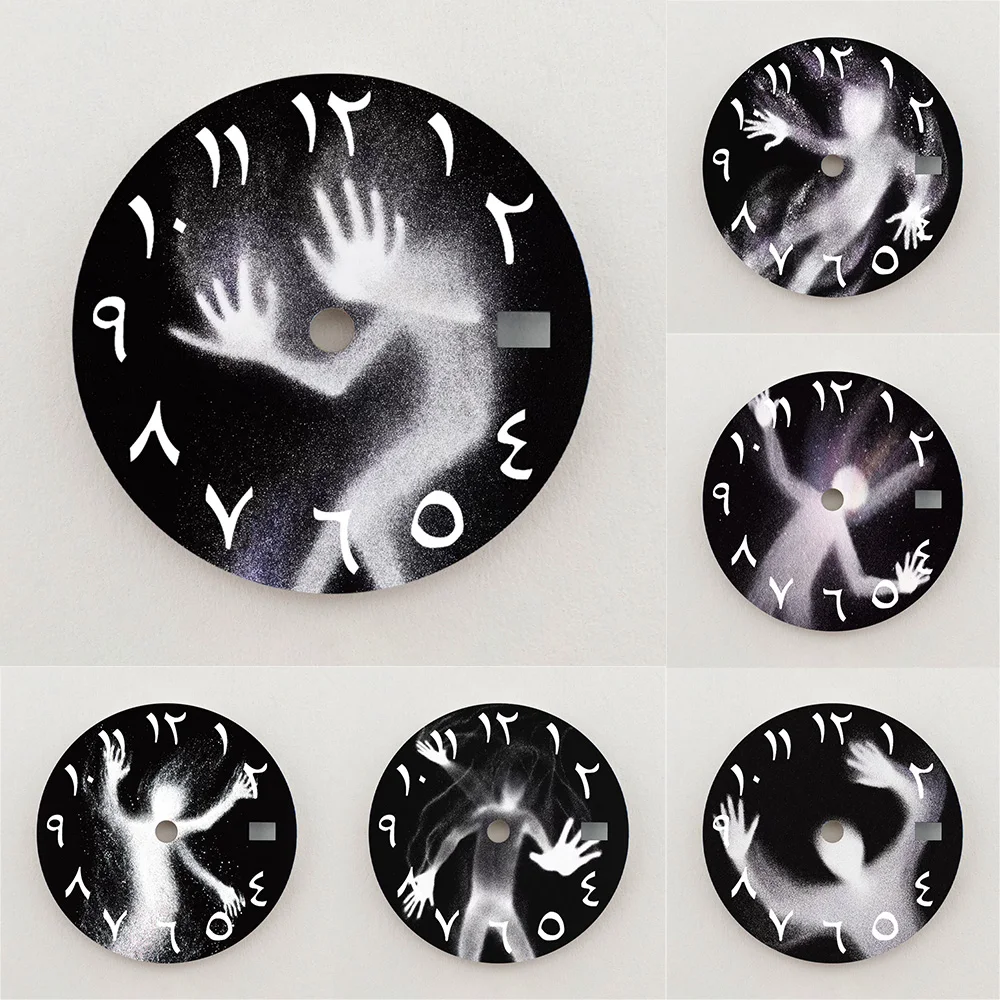 28.5mm Dial NH35 Dial Black White Ghost Silhouette Art Arabic Numeral Dial NH36 Dial Watch Accessories Fits NH35/NH36 Movements