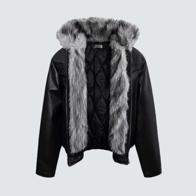 MWJLPWQ American High Street Washed PU Leather Cotton Jacket Men‘s Gradient Large Fur Collar Metal Buttons Casual Tops 20163