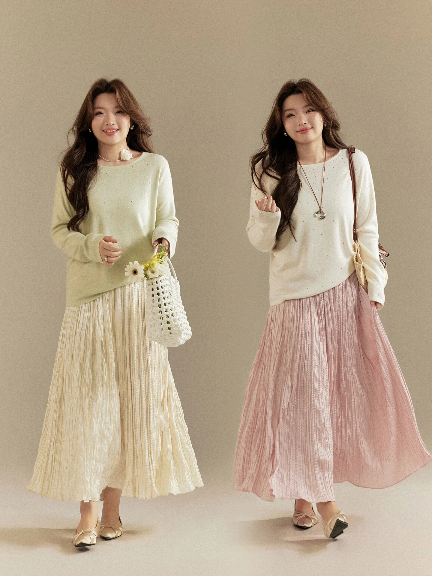 

Water Light Folded f Skirt Large Size Women's Faion Design Slimming Pearl Skirt High Waist Loose Fit Casual Polyester Fiber