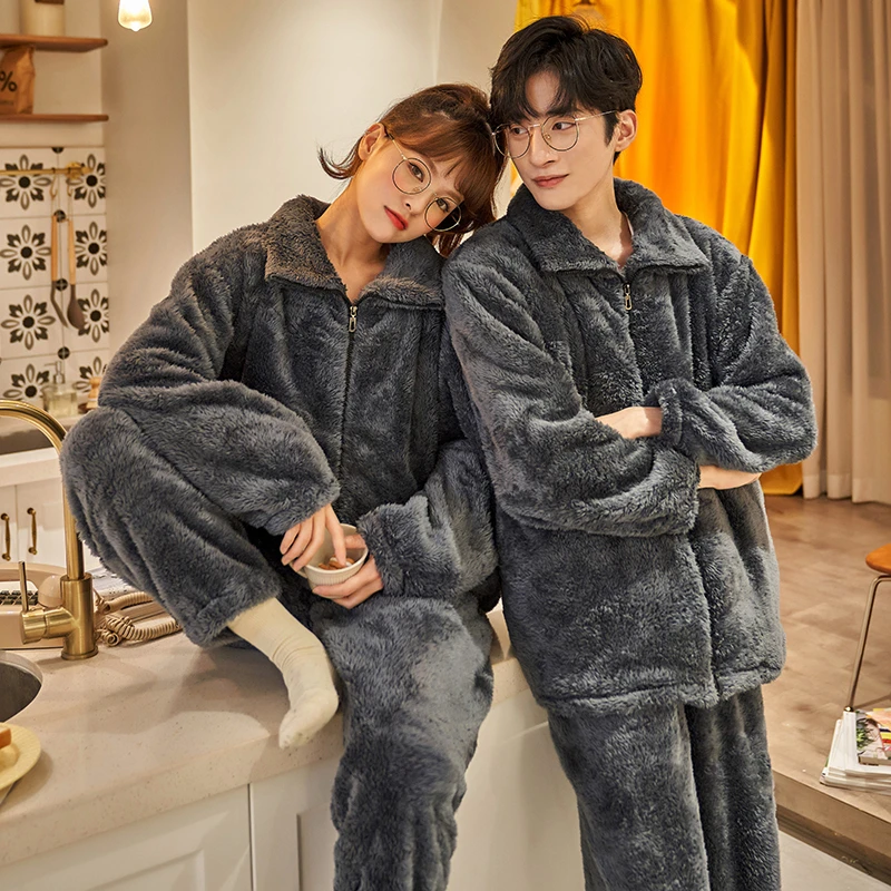 Pyjama en peluche pour couple, cardigan à fermeture éclair, flanelle épaissie, costume ample, vêtements de maison en polaire pour hommes et femmes, automne et hiver