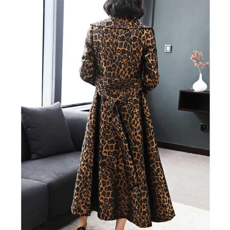 High End Fashion Leopard Coat Women Spring Autumn Korean Slim Long Trench Coat Female Windbreaker With Belt Mother Outwear 4XL