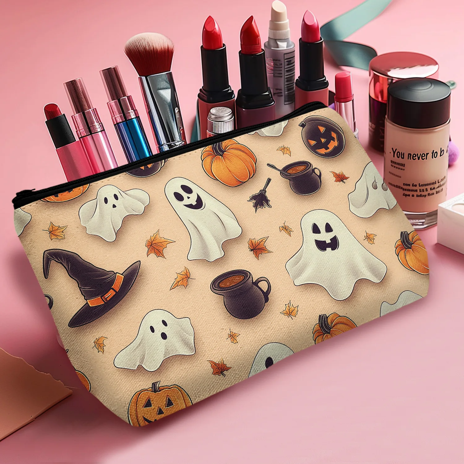 1 Pc Halloween Themed Cosmetic Bag Travel Pouch With Ghost Pumpkin And Bat Print Portable Makeup Organizer For Travel