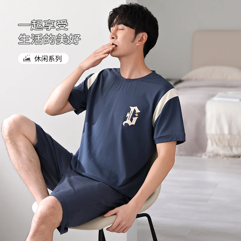 Summer Cotton Men Short Sleeve Pajamas Set Round Neck Casual Soft Man Homewear Clothes L-3XL Mens Outside Sleepwear