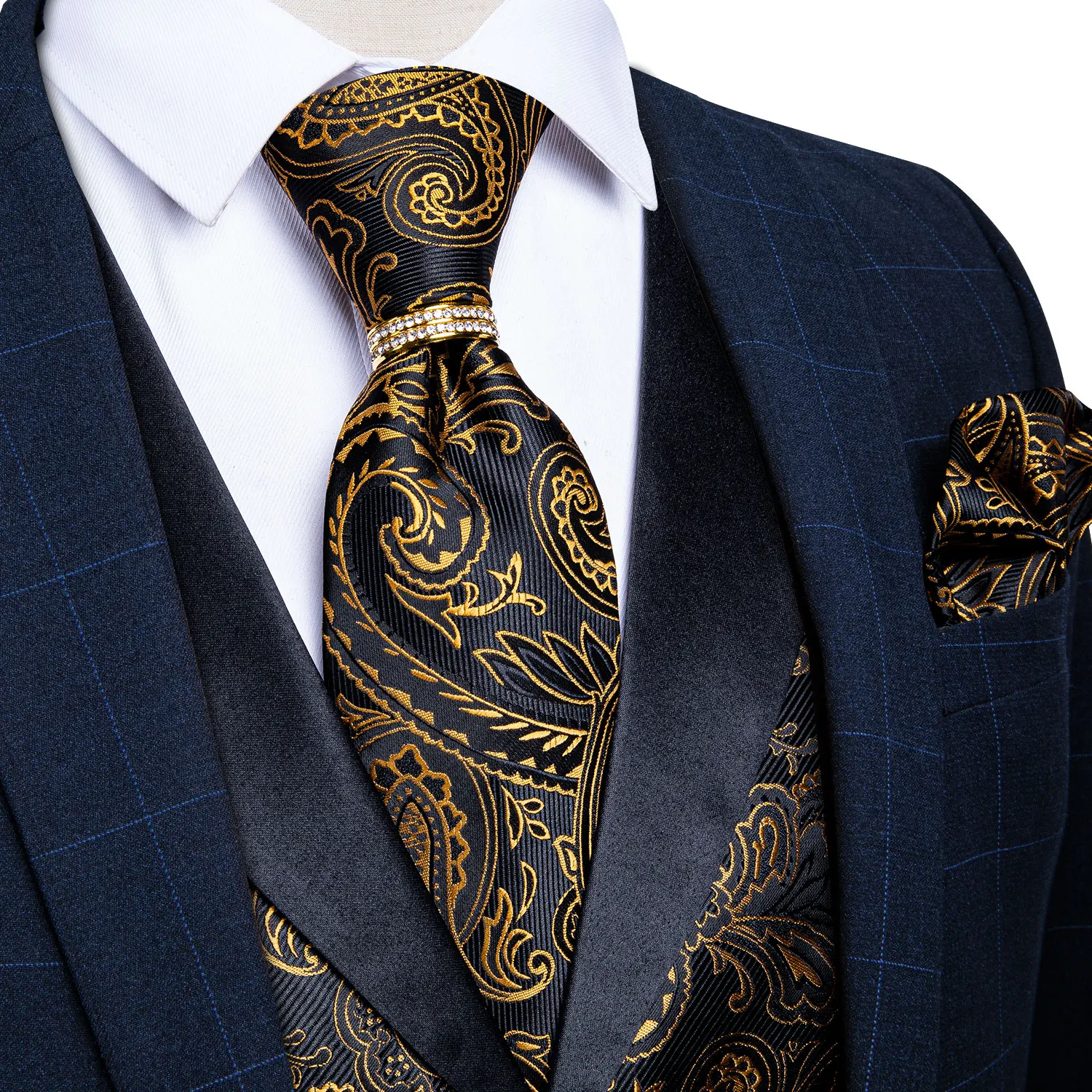 Brand Suit Vest Set For Men Luxury Silk Black Gold Paisley Dress Vest Tie Cufflinks Handkerchief Set Male Sleeveless Waistcoat