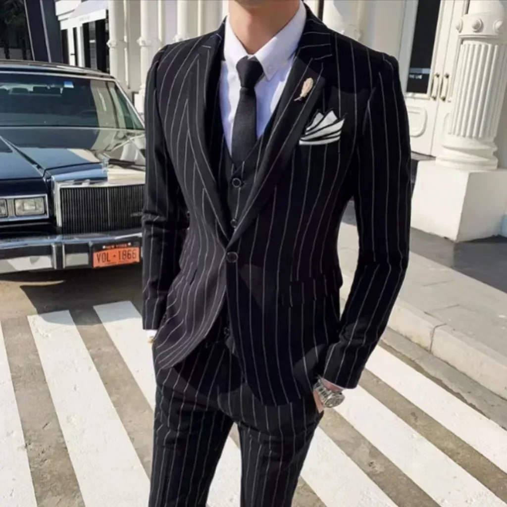 Formal Men\'s Striped Suit Two-Piece Blazer Vest Pants Set Slim Fit Classic Tuxedo Set for Wedding Party Business