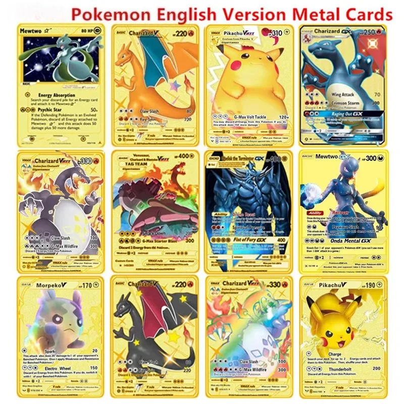 

Коллекционная металлическая карта-фигурка Покемон (английская версия) с персонажами Чаризард, Пикачу, Бластойз, Мьюту. Игрушка для сражений, подарок.