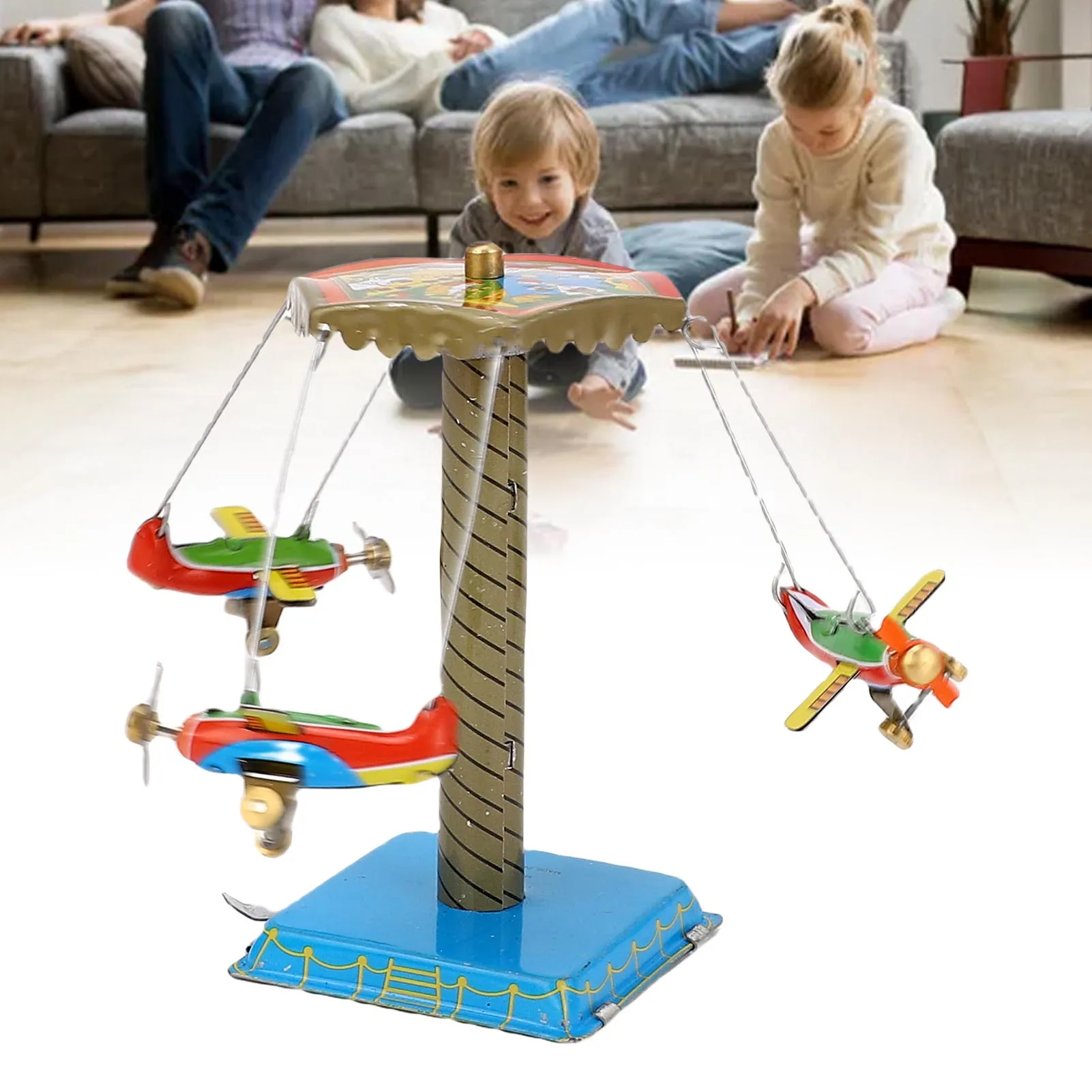 

Collectible Tin Airplane Carousel MM089 Retro Nostalgic Clockwork Spring Rotating Plane Figurine Aircraft Tin Plane Carousel