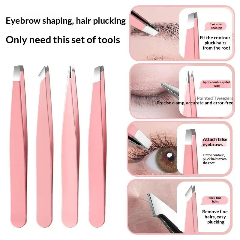 Colorful Stainless Steel 4 Pcs Tweezer Set For Women And Men's Eyebrows & Eyelashes Comes With Storage Bag