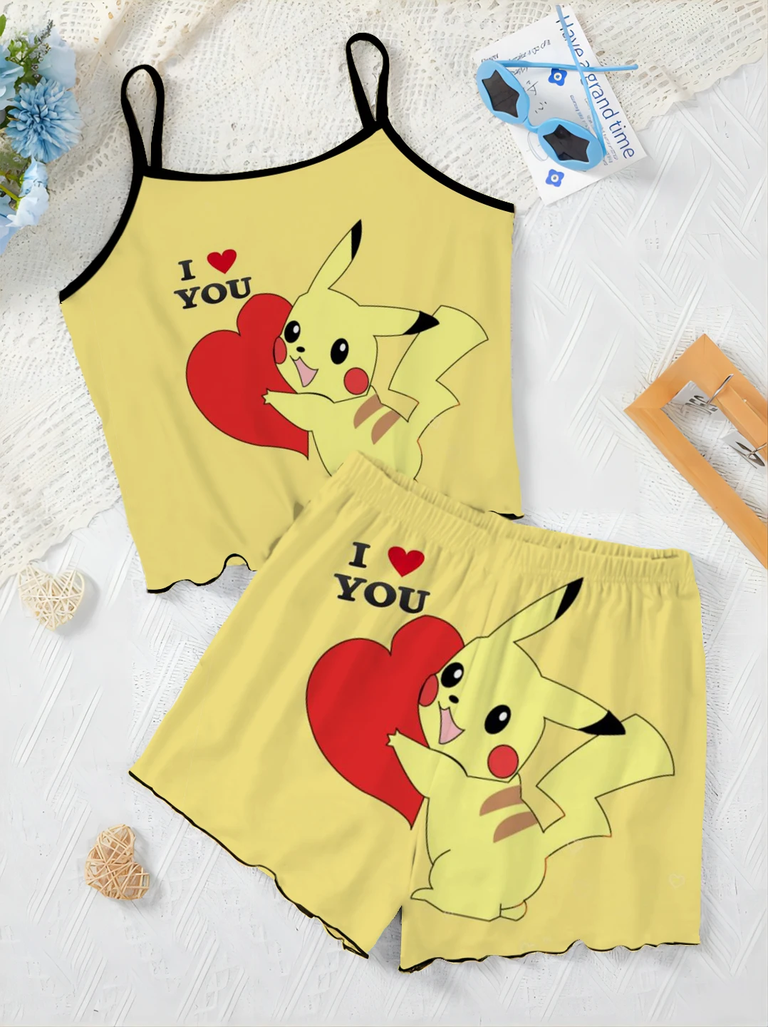 Home Dress Short Sets for Women 2 Pieces Top T-shirt Pajama Skirt Pokémon Lettuce Trim Women's Suit Pikachu Elegant Slip Dress