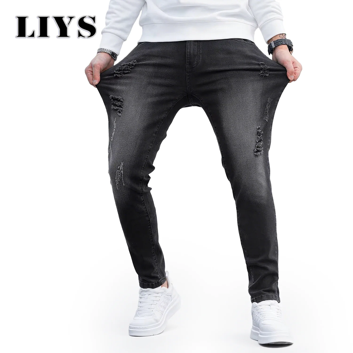 

Мужские черные узкие рваные джинсы Узкие джинсовые брюки Винтажные потертые однотонные джинсовые брюки Мужские повседневные приталенные джинсы в стиле карандаш