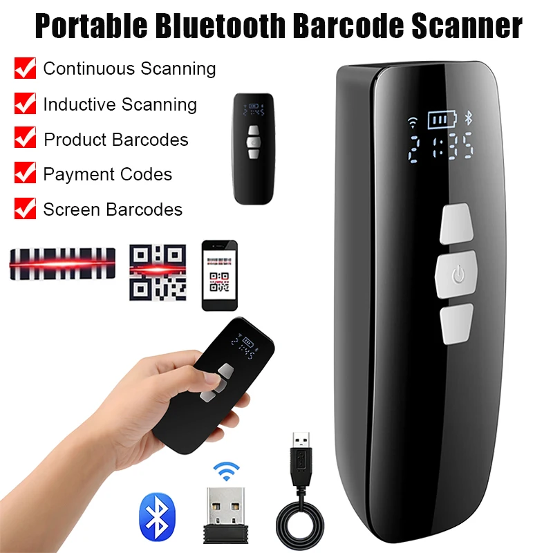 

Портативный мини-сканер штрих-кодов USB/Bluetooth/2.4G с экраном и функцией хранения, 1D/2D/QR-сканер, ручной сканер штрих-кодов