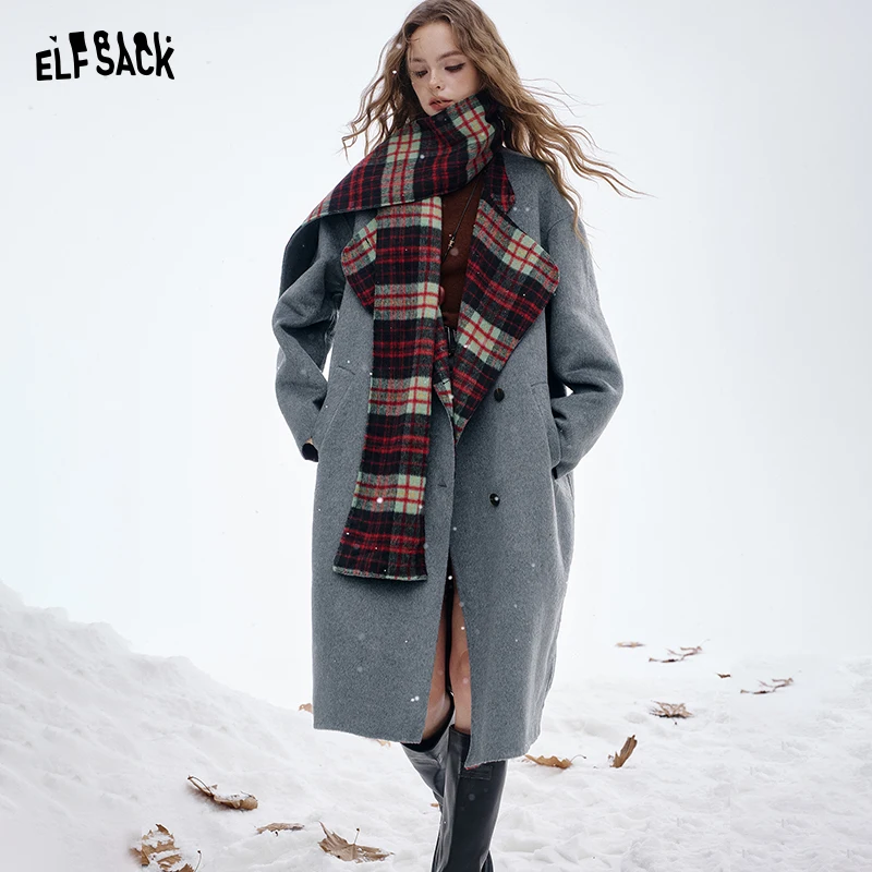 

ELFSACK 2025, зимнее новое поступление, минималистичное винтажное шерстяное пальто с графической подкладкой для женщин