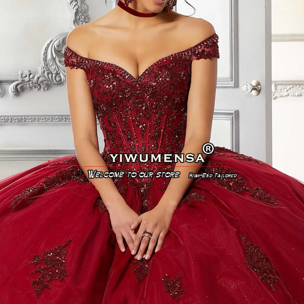 Burgunder Prinzessin Quince anera Kleider funkelnde Kristalle Perlen Ballkleid süß 16 Kleid feiern formelle Gelegenheit vestido de 15