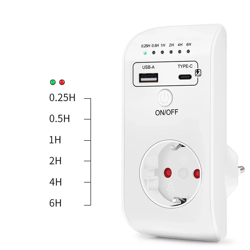 Germany Plug Timing Controller Socket 6-hours Countdown To Power Outage Automatic Shutdown with 3.1A USB Type-C Fast Charging