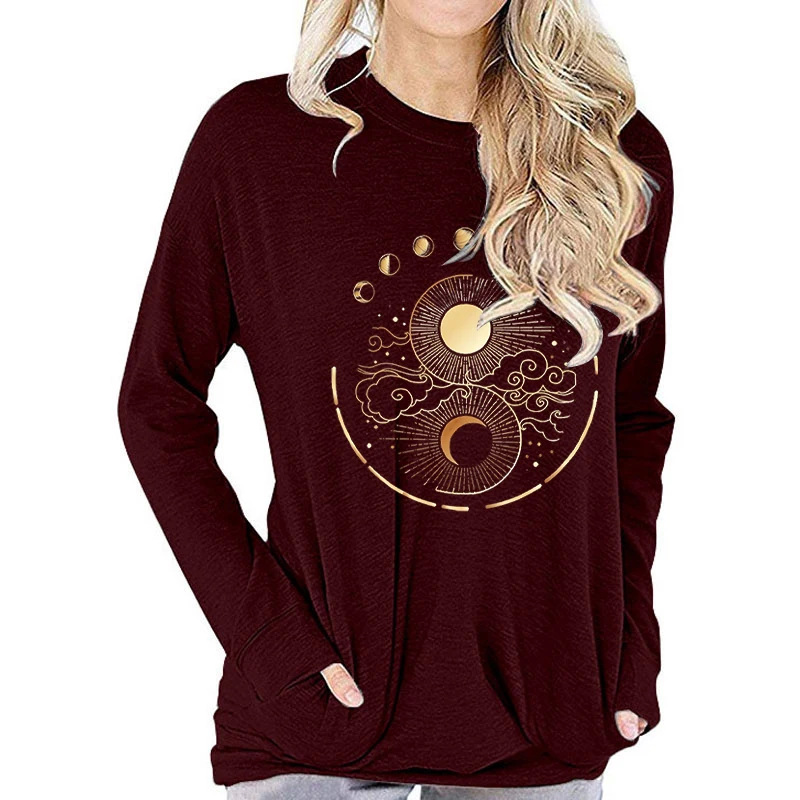 Mystic Moon and Sun T-shirt Mystical Moon Phase Fall Long Sleeve T-shirts Boho Vintage Moon Graphic Long-sleeved T-shirt Women