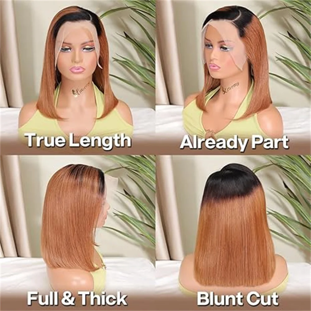 1B/30 Ombre Light Brown Bob Wig Human Hair 13x4 HD Lace Frontal For Black Women Human Hair Short Straight 14 inches