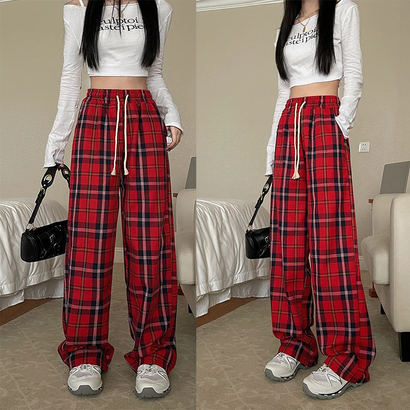 Women High Waist Y2k Loose Straight Leg Pants Lady Korean Harajuku Baggy Wide Leg Trousers Female Casual Grunge Red Plaid Slacks