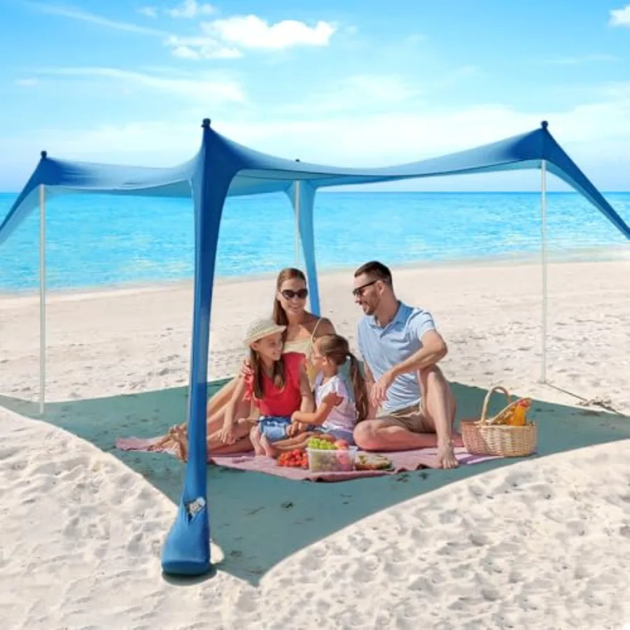 

Beach Tent - 10 x 10 FT Outdoor Shade Canopy for Camping, Blue Polyester UPF50 Sun Shelter with 4 Stability Poles, Sandbags, An
