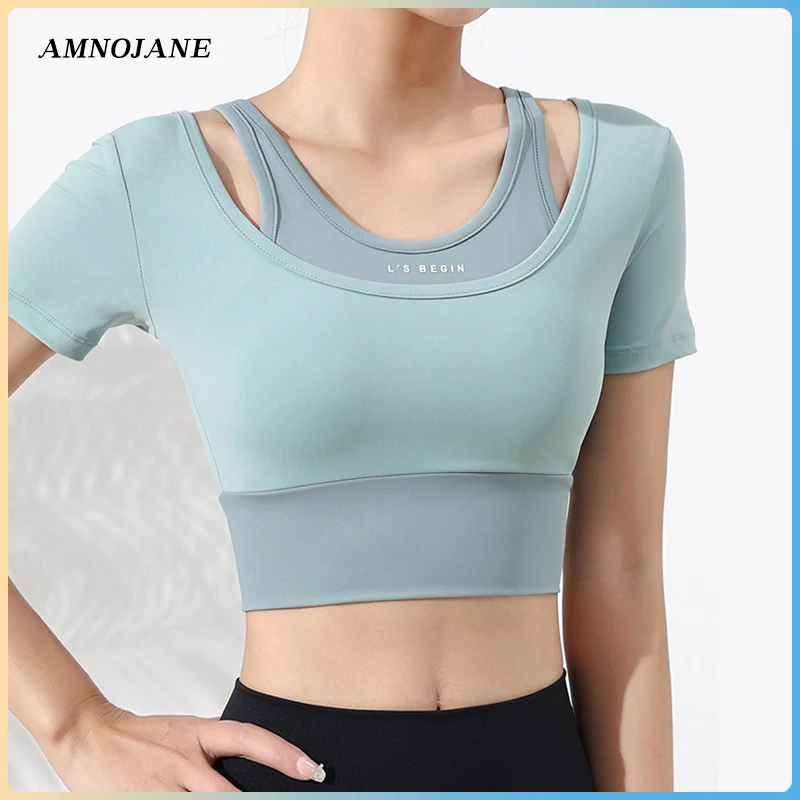 

Sport Crop Top Gym Tops For Women Sports Bra Workout Shirts Tight Shirt Yoga Active Athletic Wear Pilates Training Tshirt