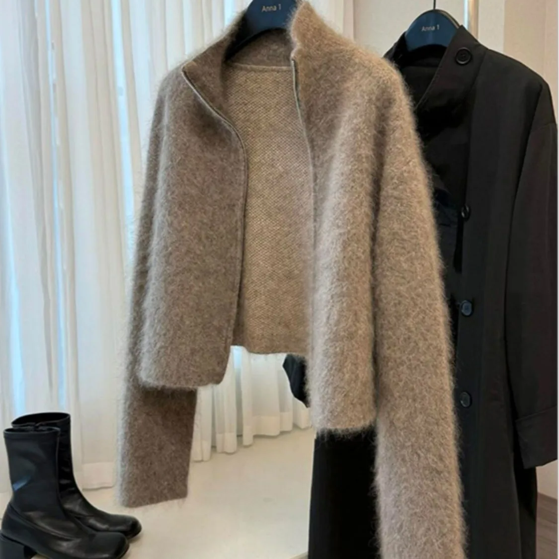 Stylish Unique Brown Faux Mink Sweater Coat Women's Loose Short Top Autumn Winter Small Size Good Looking Polyester Fiber