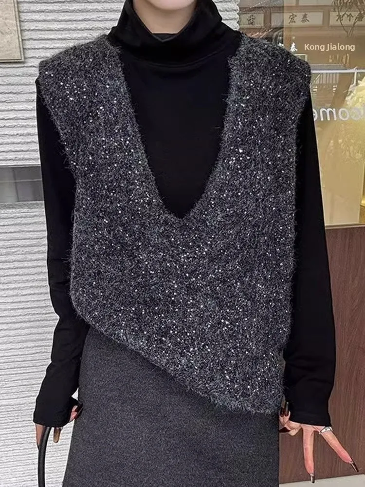 

Korean Sle V-Ne Svel Sparkling Knitted Sweater Women's Faion Layering Top Bright iny Vest Winter Commute Wind