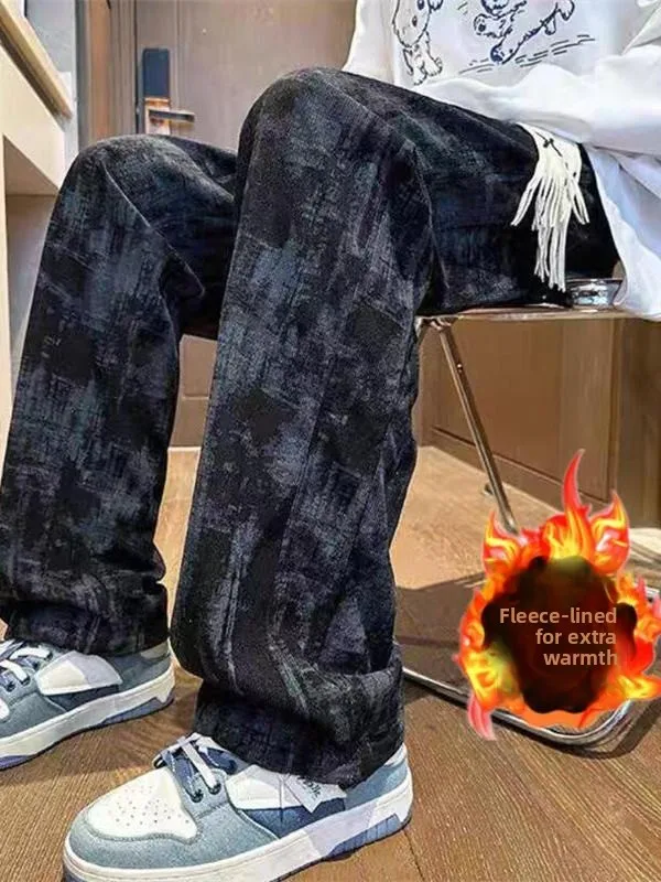 

Autumn Winter Plaid Fleece Lined Corduroy Straight Leg Casual Trousers Teens Loose Wide Leg Pants Trendy Brand Casual Pants