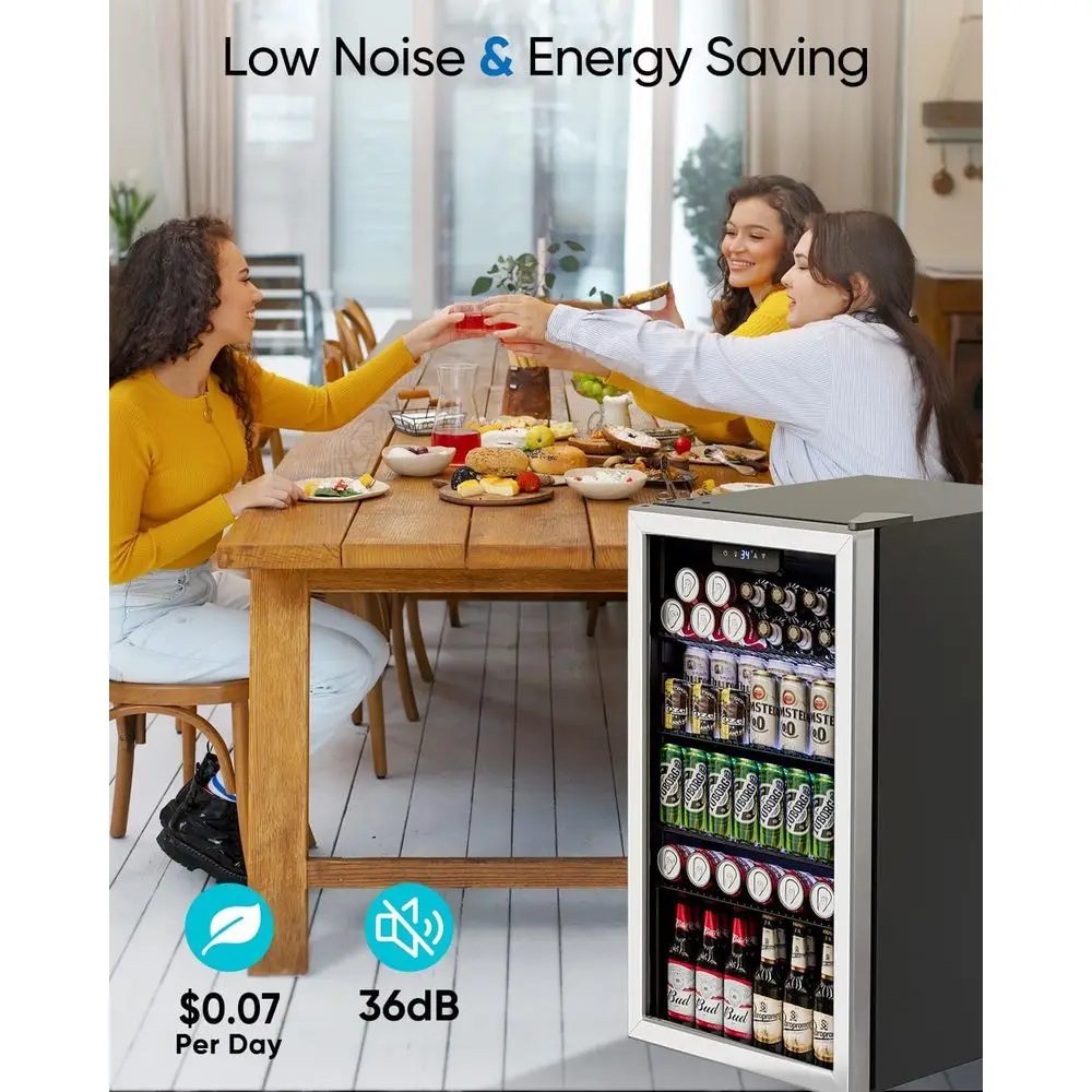 Compact 126-Can Beverage Cooler with Glass Door for Home Bar or Bedroom, 4 Adjustable Shelves, 3.2 Cu. Ft., Silver