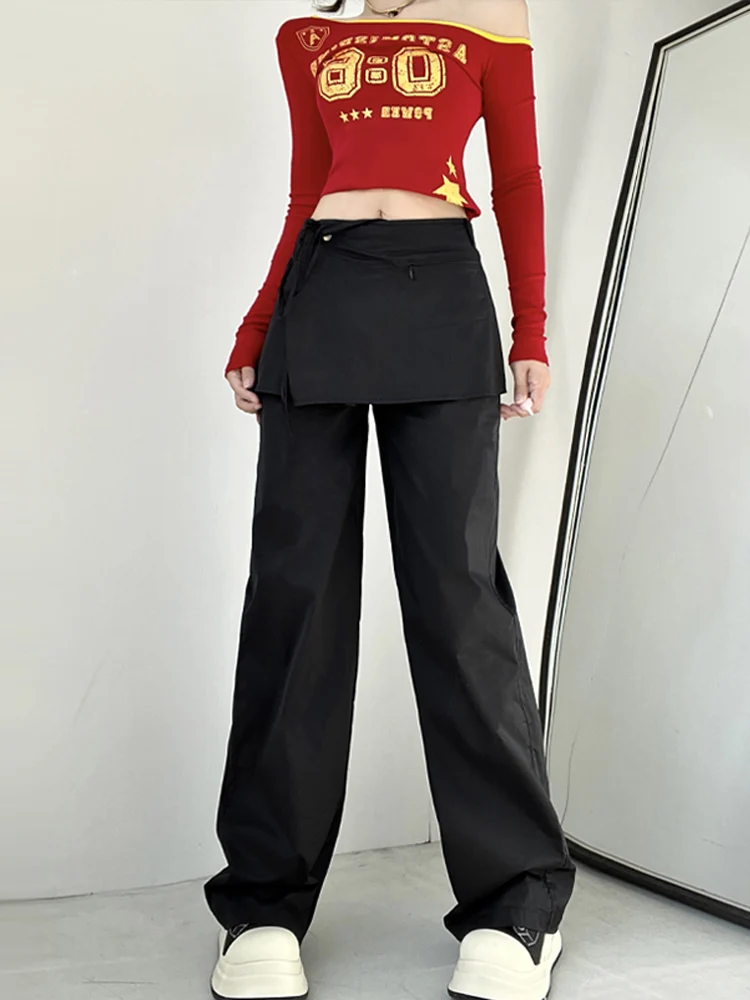 ストリートスタイル ハイウエスト ワイドレッグパンツ アシンメトリーヘム ガールズ風 フェイクツーピース スカートパンツ カジュアルパンツ レディース