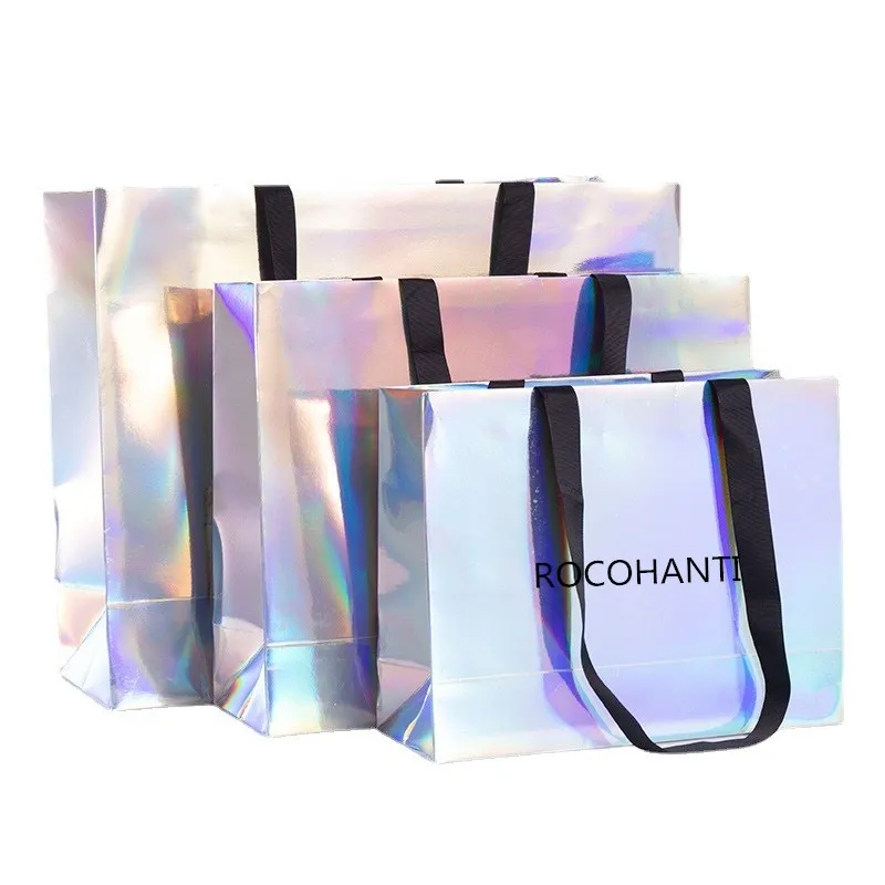 50pcs Custom Logo Printed Extra Large Rainbow Silver Laser Paper Bag Birthday Party Favor Hologram Gift Bags with Ribbon Handles