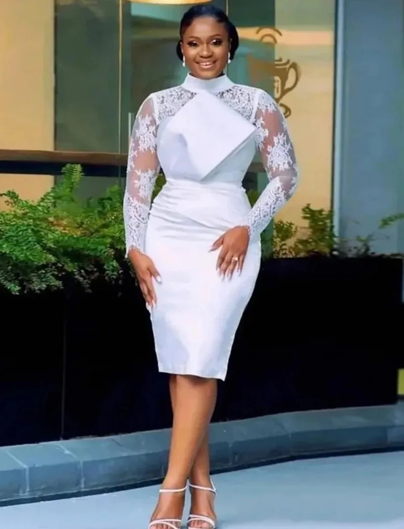 

Aso Ebi Short Wedding Dress 2026 High Neck Lace Long Illusion Sleeves Sheath Bride Party Gowns New Vestidos De Noiva