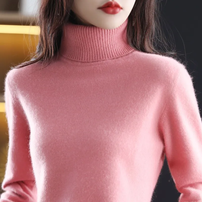 Otoño e Invierno nuevo 100% suéter de cachemira de visón 2023 jersey de punto de cuello alto para mujer moda coreana suelta Top cálido para mujer