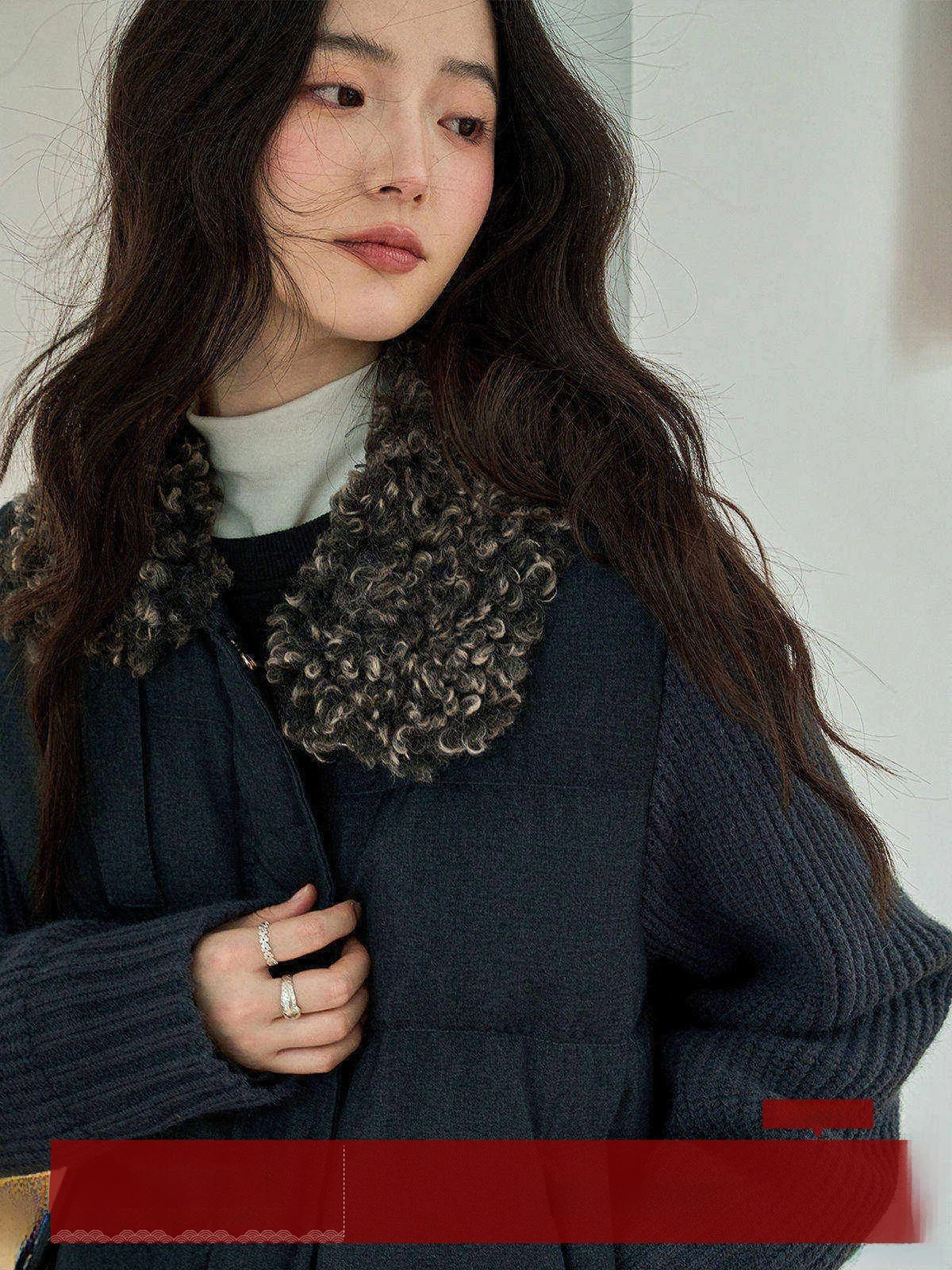 

MoZa Deep Grey Knitted Splicing 90 White Duck down Collar Women's Winter Short Warm Outerwear Commute Style Korean Version