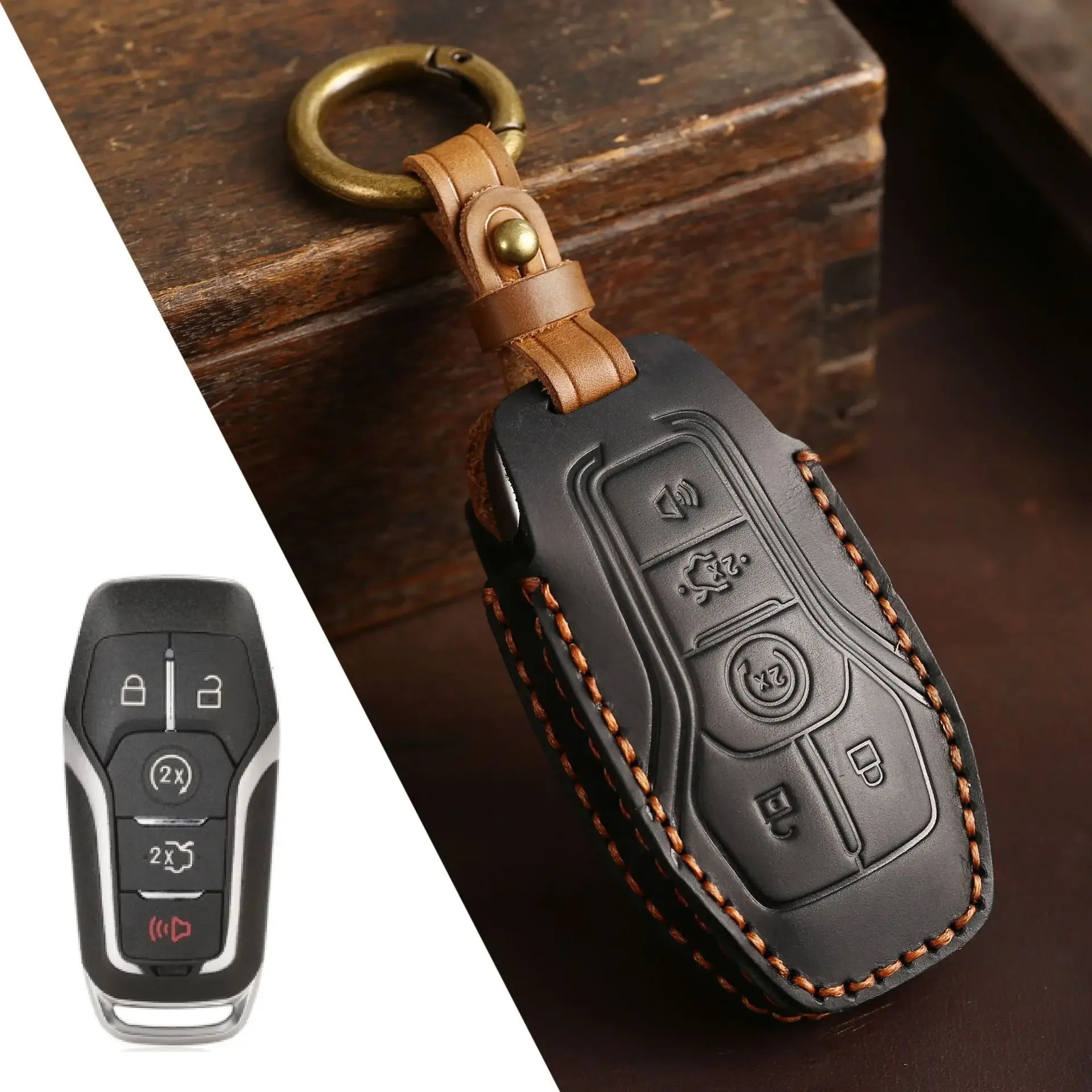 

1pc 3 4 5 Bottons Leather Car Key Case Cover For Ford Fusion Mondeo Mustang F-150 Explorer Edge Kuka 2015 2016 2017 2018