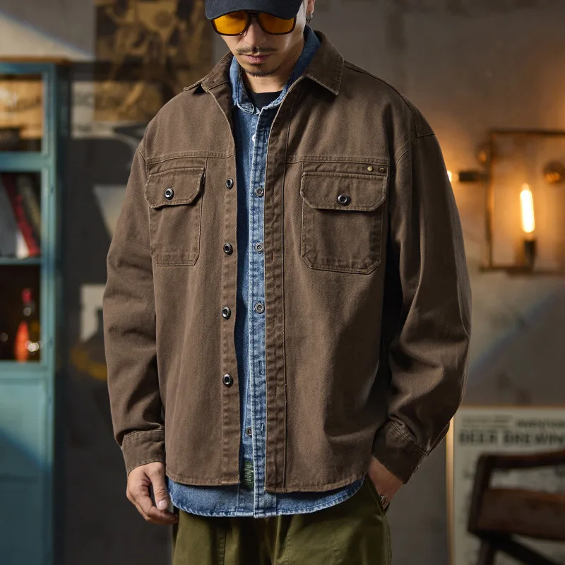 

Spring Autumn Men's Cotton Denim Jacket Loose Cargo Outwear Coat Solid Turn Down Collar Male Jean Jackets Streetwear Denim Coats