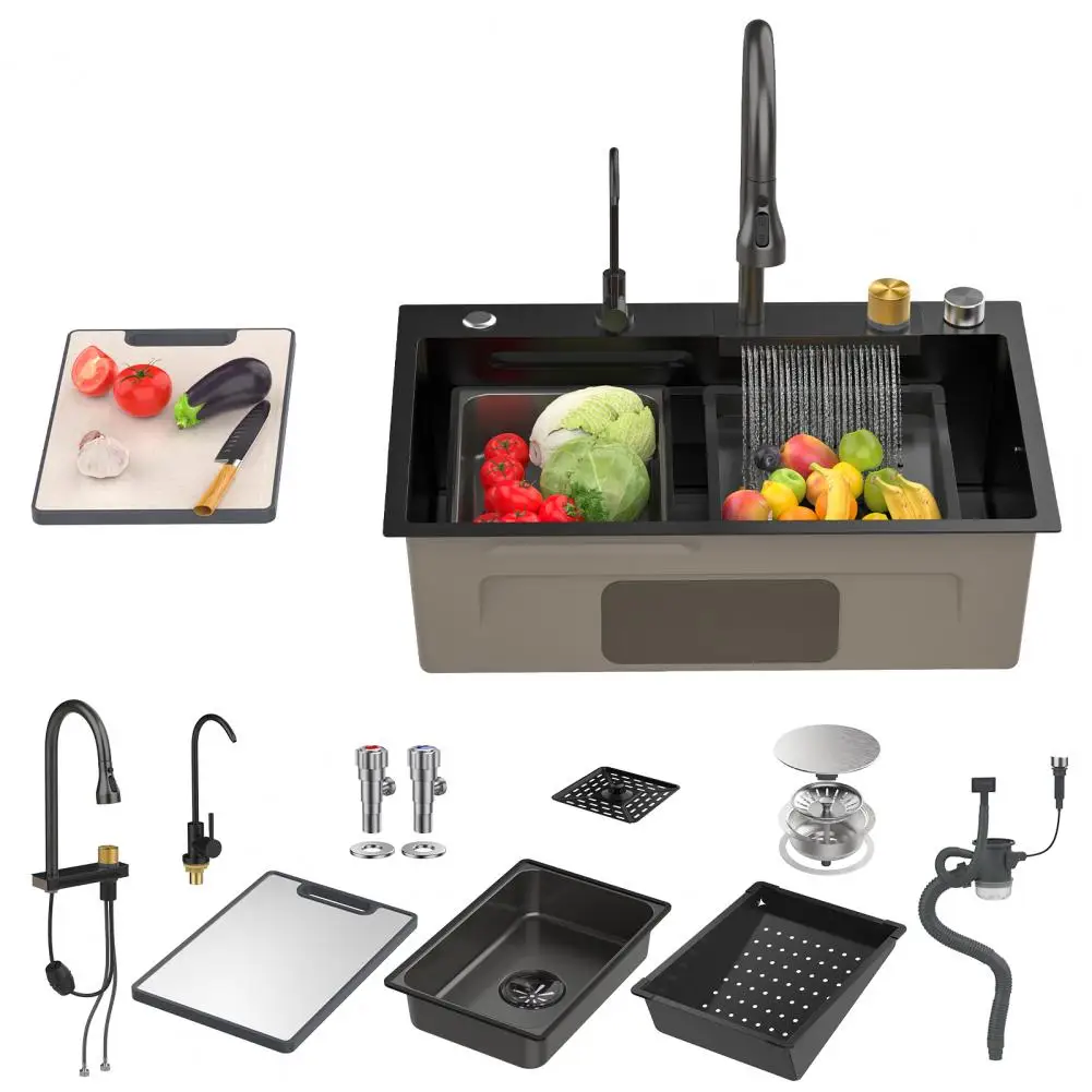 

Waterfall Stainless Steel Kitchen Sink, 26.8 x 17.7in Single Bowl Workstation Sink with Cup Rinser, Drop In Undermount Bar Sink