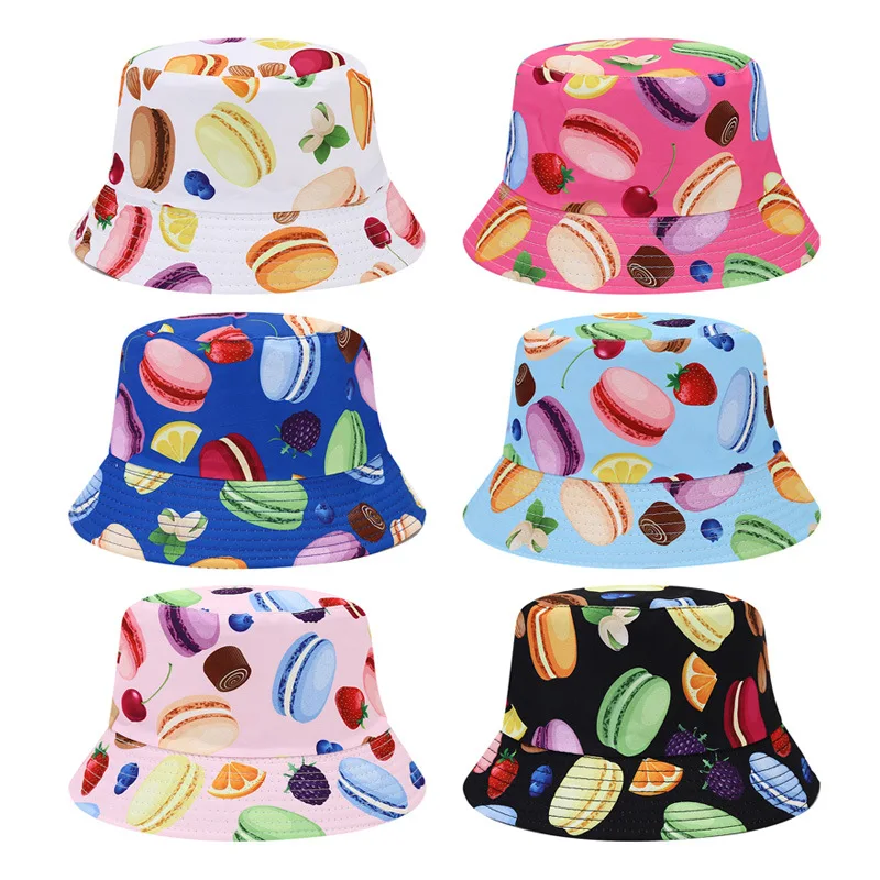 Bocca Macarone Printing Bucket Hat Children Boys Girls Kids Fisherman Hat Fruit Pattern Panama Cap Double Sides Sunshade Outdoor