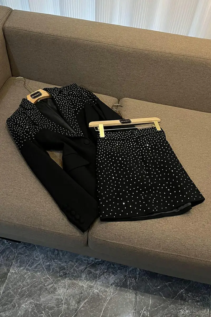 2023 Lady Chic Rhinestone Office Long Sleeve Single Button Blazer Mini Pencil Skirt Women Solid 2Pcs