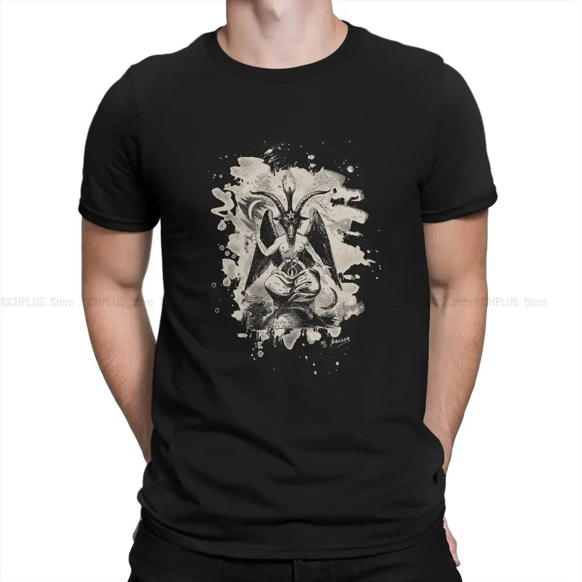 Bleached Creme TShirt For Men Baphomet Satan Lucifer Clothing Style T Shirt Homme