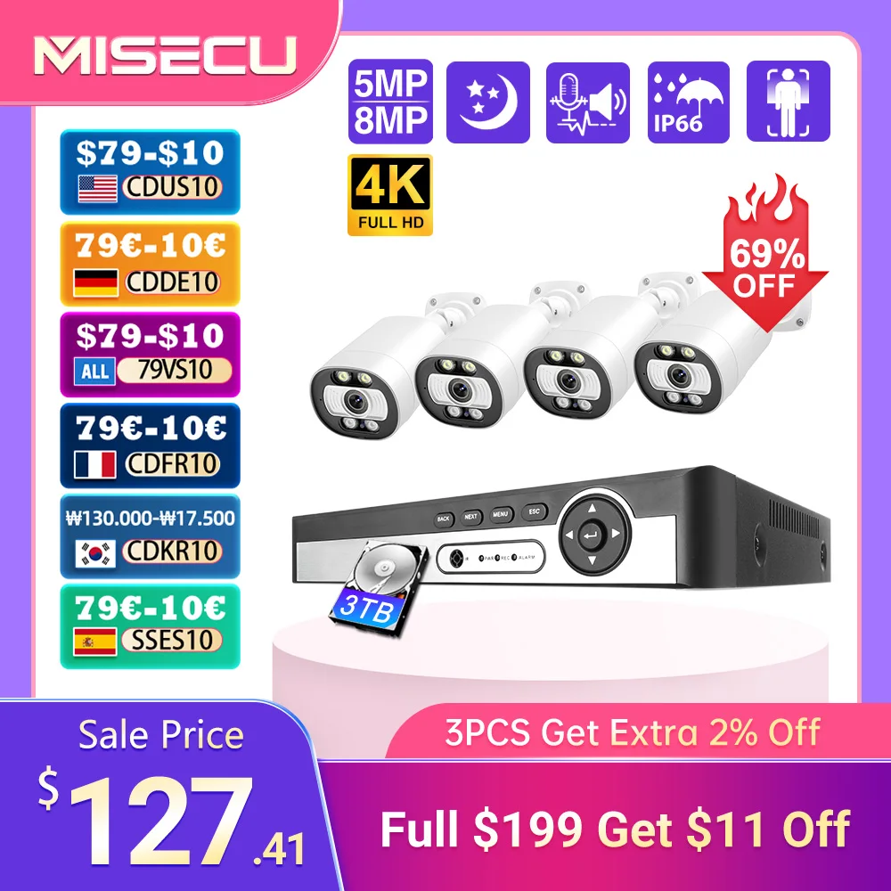 

MISECU H.265 8CH 4K 5MP POE Camera Security System Outdoor 8MP Human Detect CCTV Surveillance Protection Color Night Vision P2P